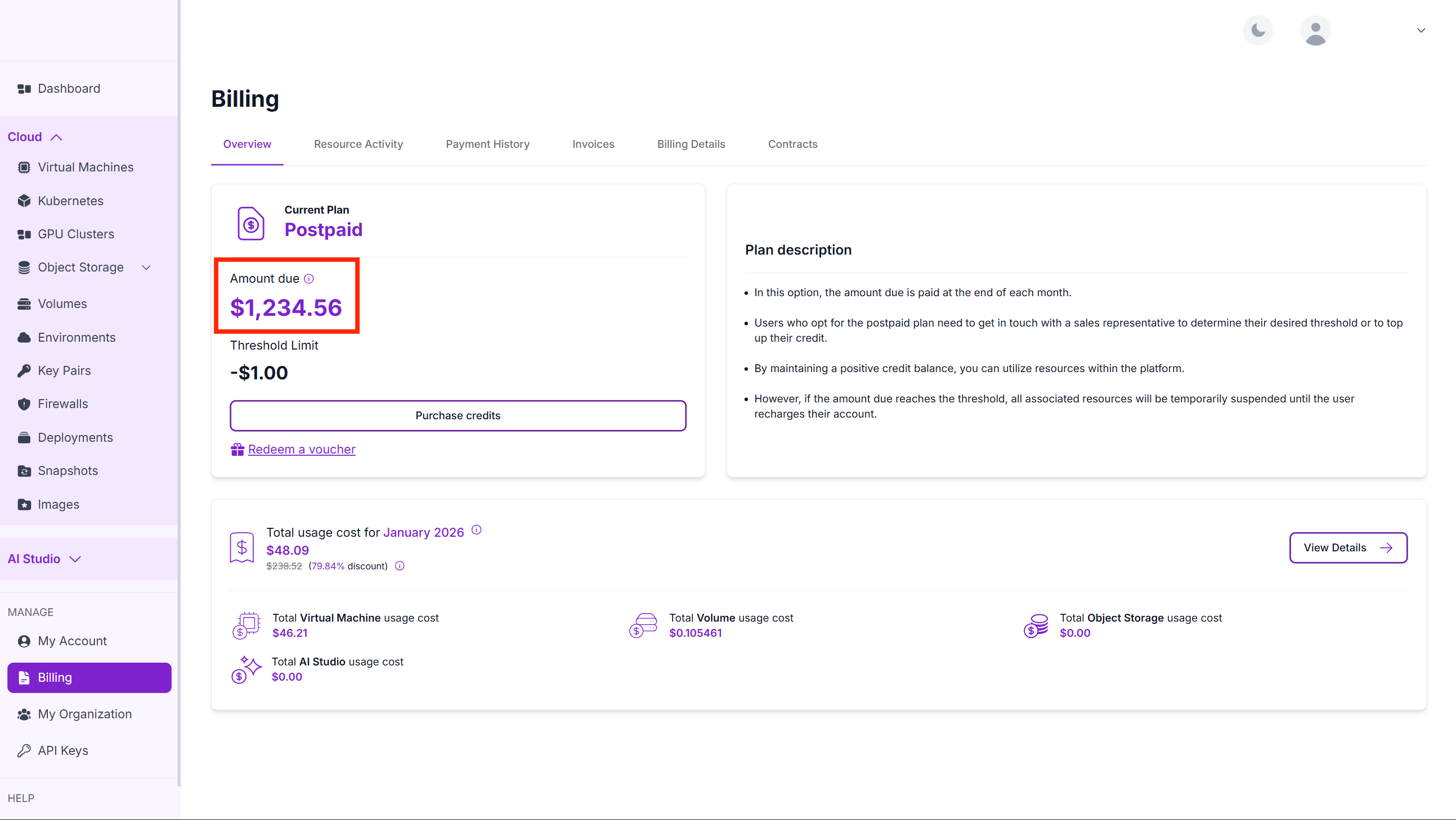 Amount due for on-demand usage