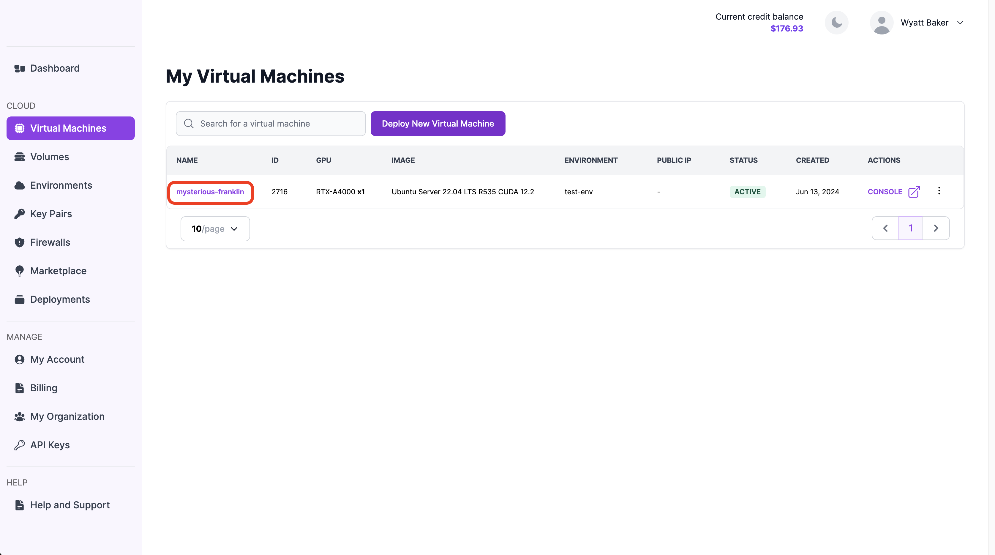 Hyperstack VM list UI