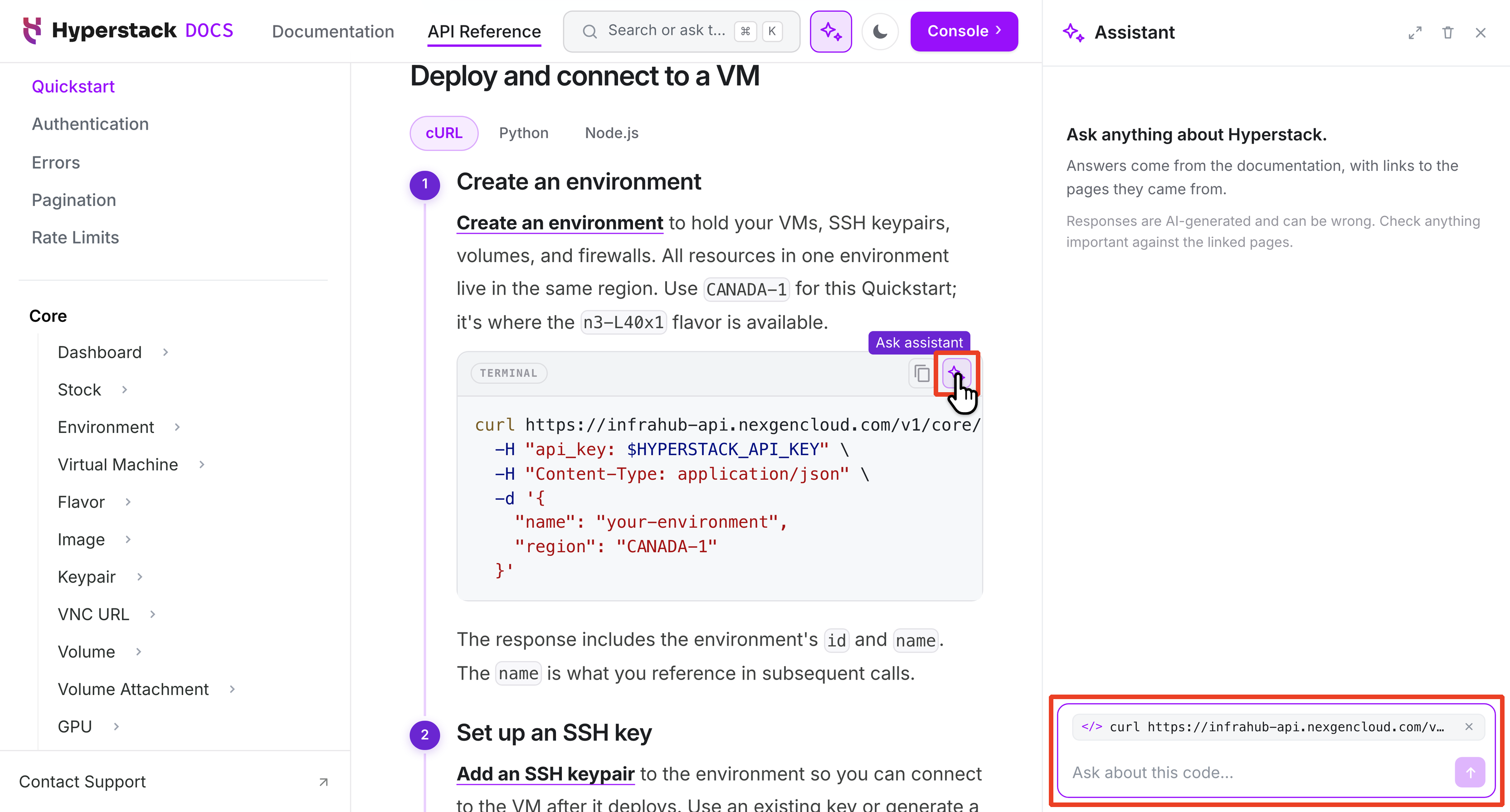 An API Quickstart code sample with the Ask assistant button selected, and the assistant panel open with the code attached to the question box