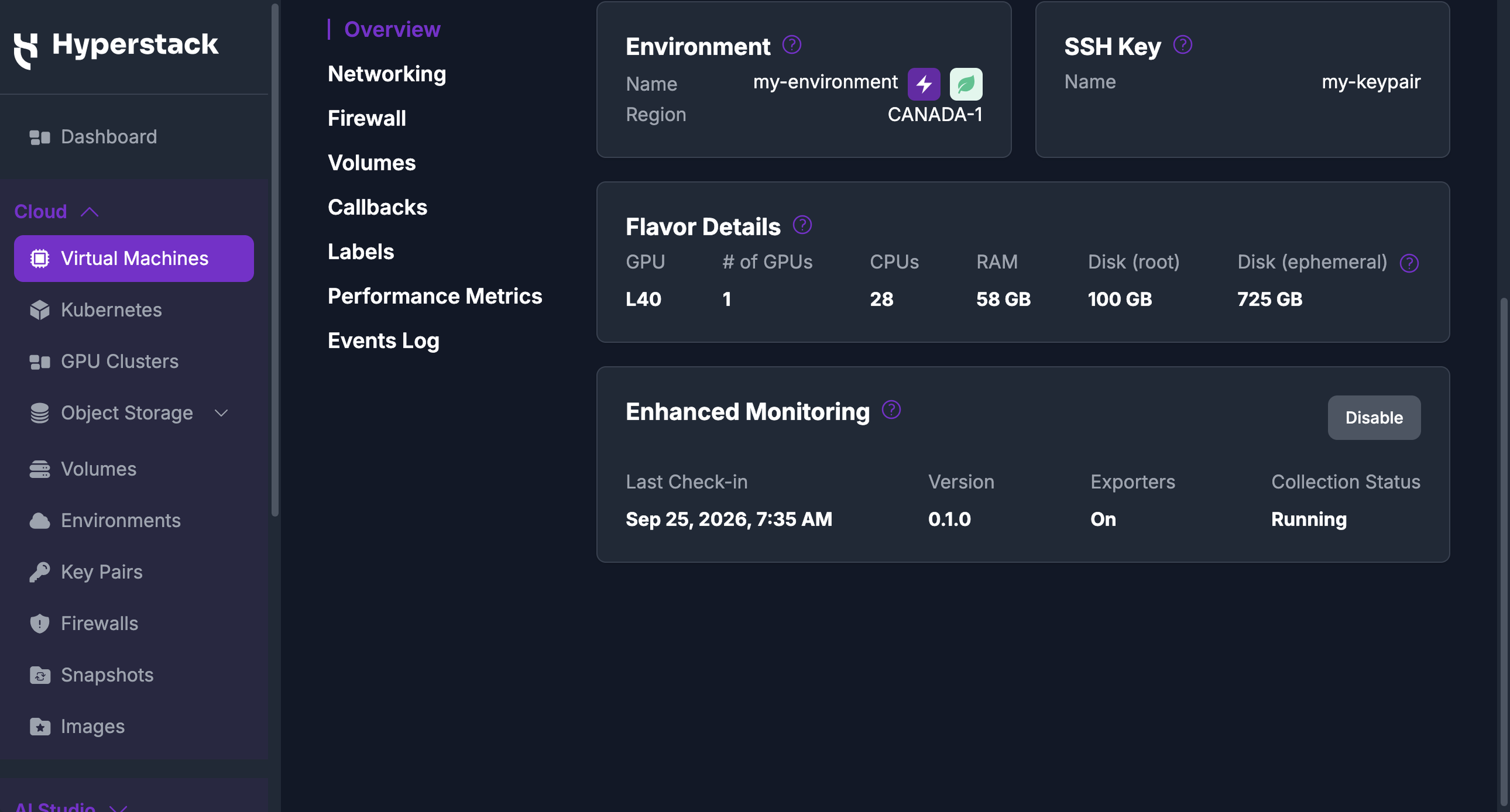 The Enhanced Monitoring card with the agent reporting, showing Last Check-in, Version, Exporters, and Collection Status