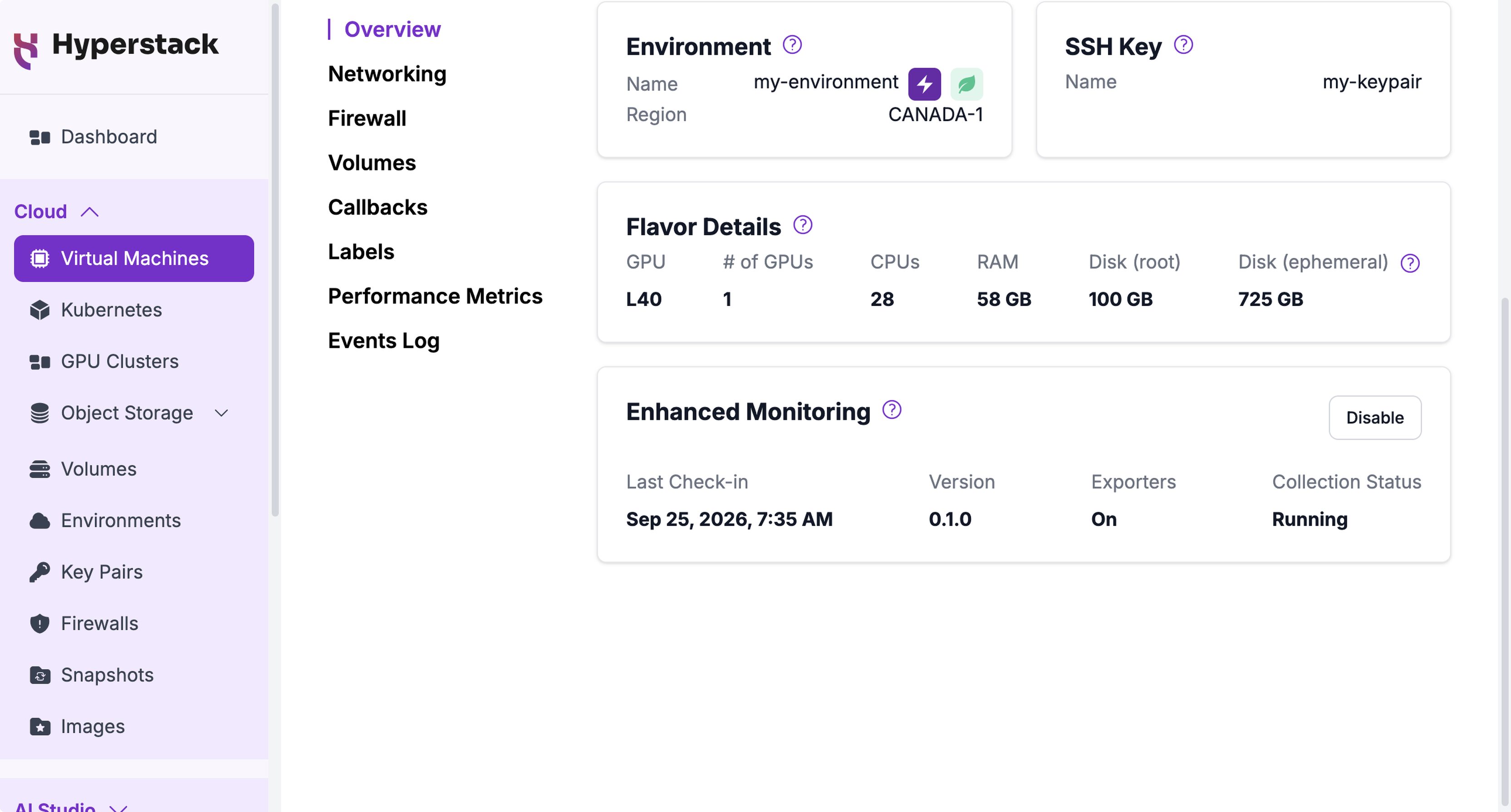 The Enhanced Monitoring card with the agent reporting, showing Last Check-in, Version, Exporters, and Collection Status