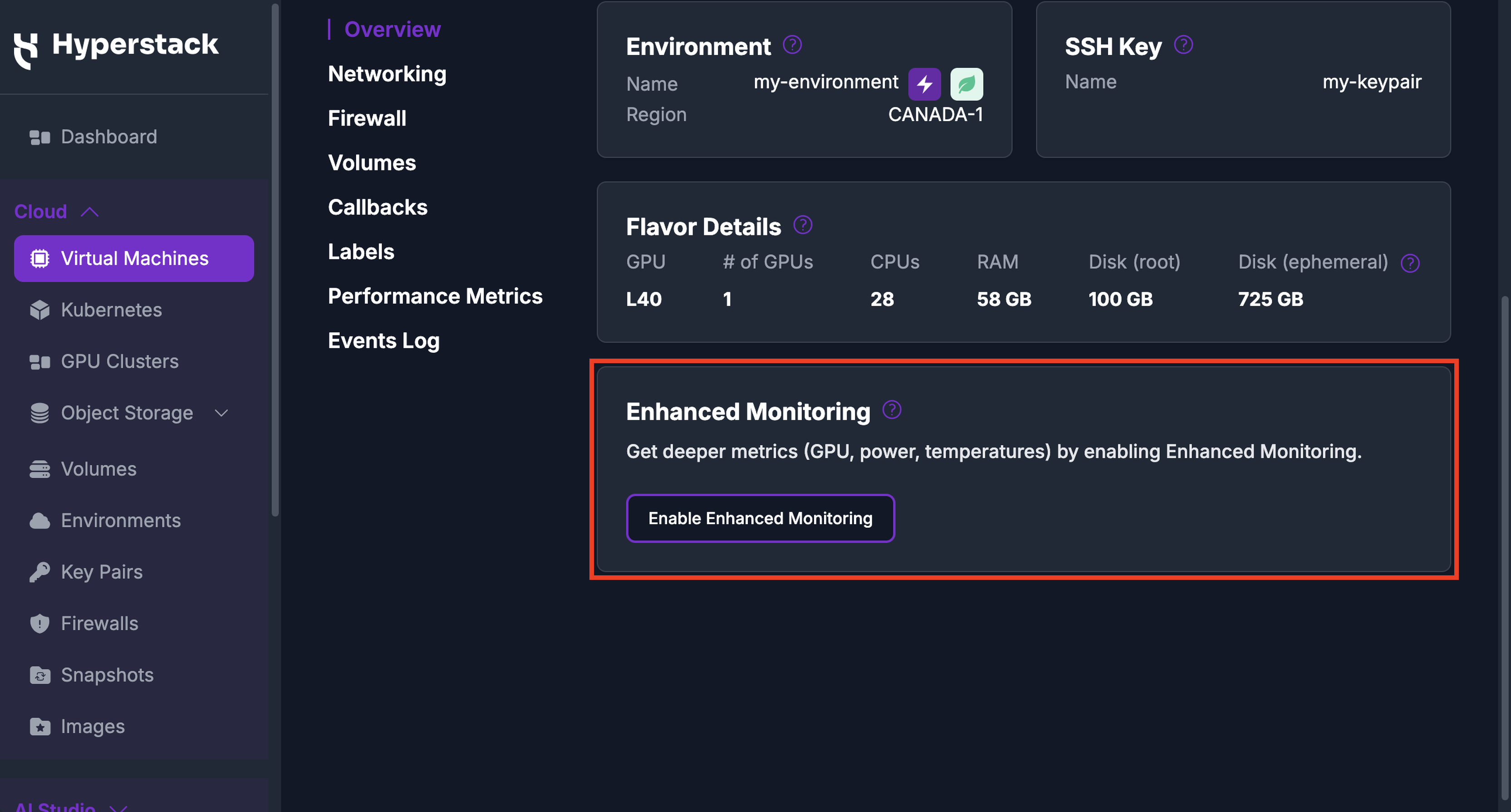 The Enhanced Monitoring card on the VM Overview tab in Standard mode, with the Enable Enhanced Monitoring button