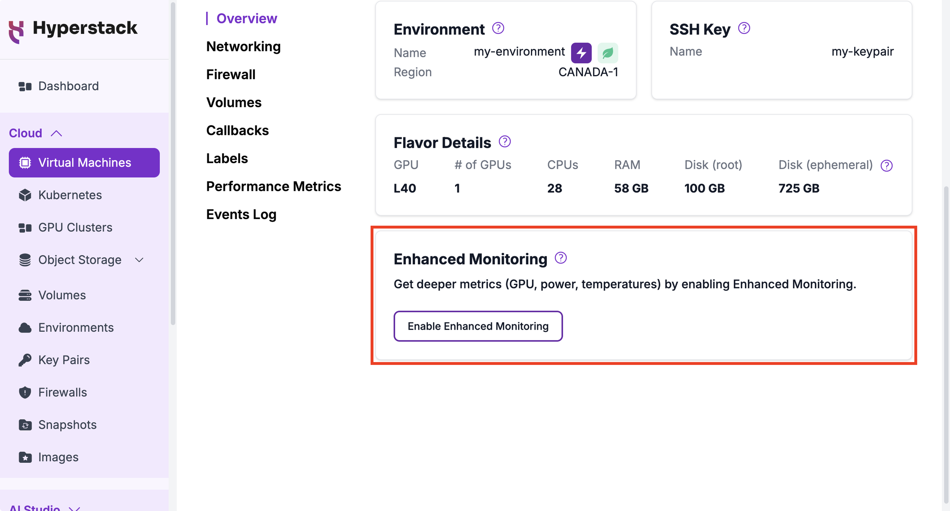 The Enhanced Monitoring card on the VM Overview tab in Standard mode, with the Enable Enhanced Monitoring button