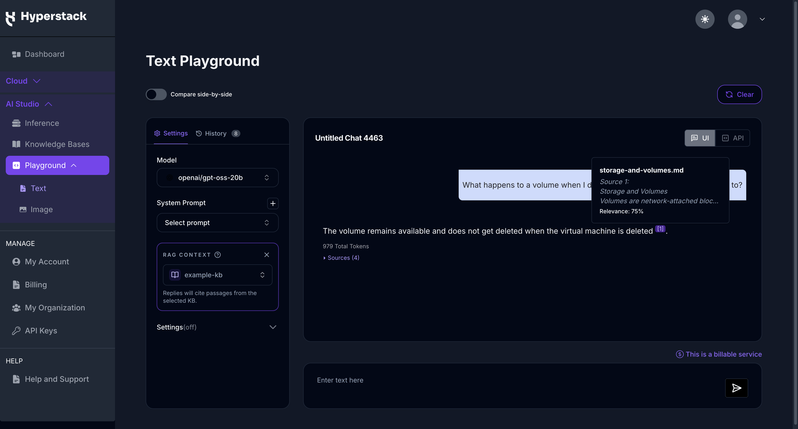 Text Playground - a grounded reply with a citation showing its source document, excerpt, and relevance score