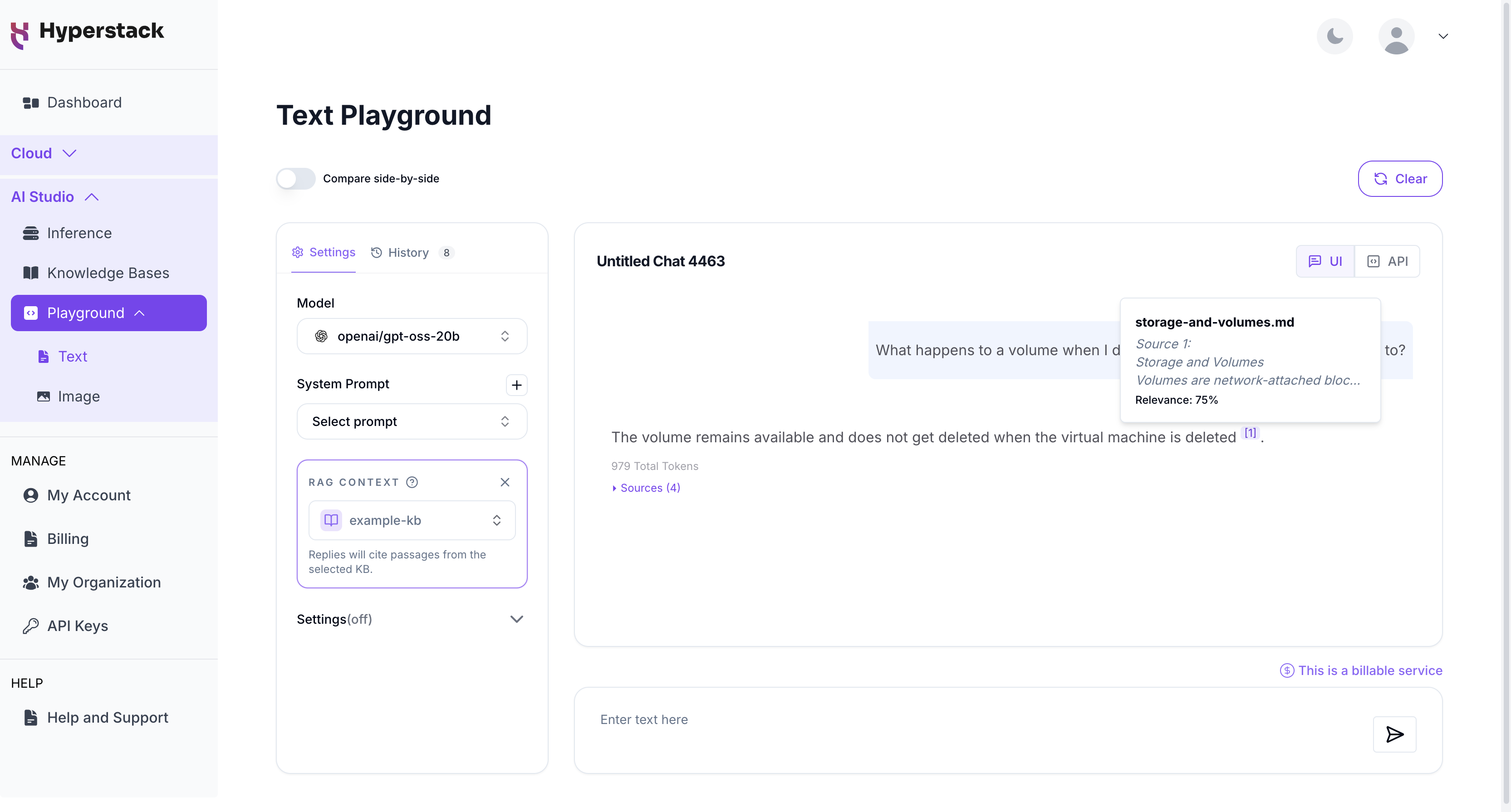 Text Playground - a grounded reply with a citation showing its source document, excerpt, and relevance score