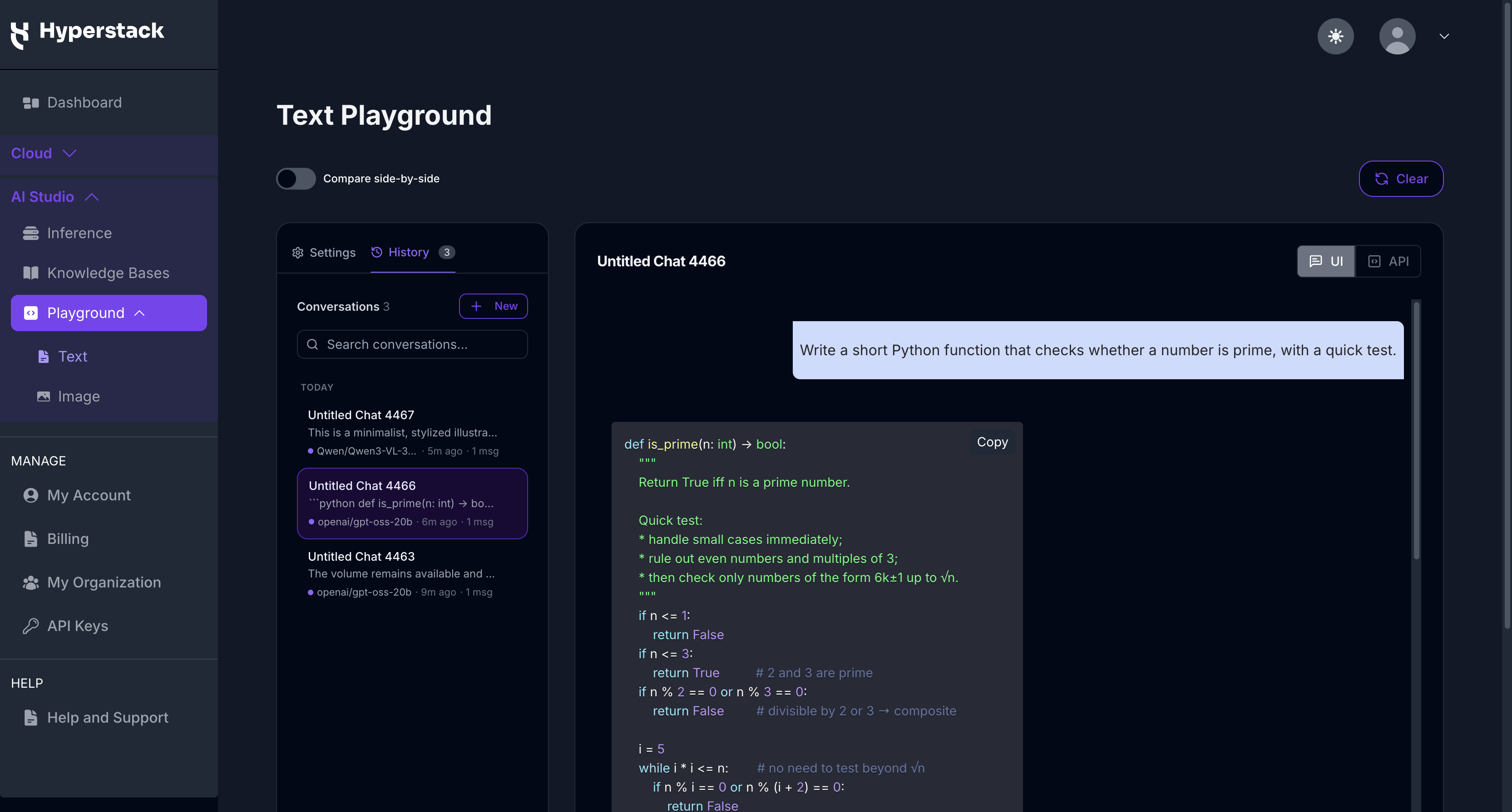 Text Playground - Conversation History