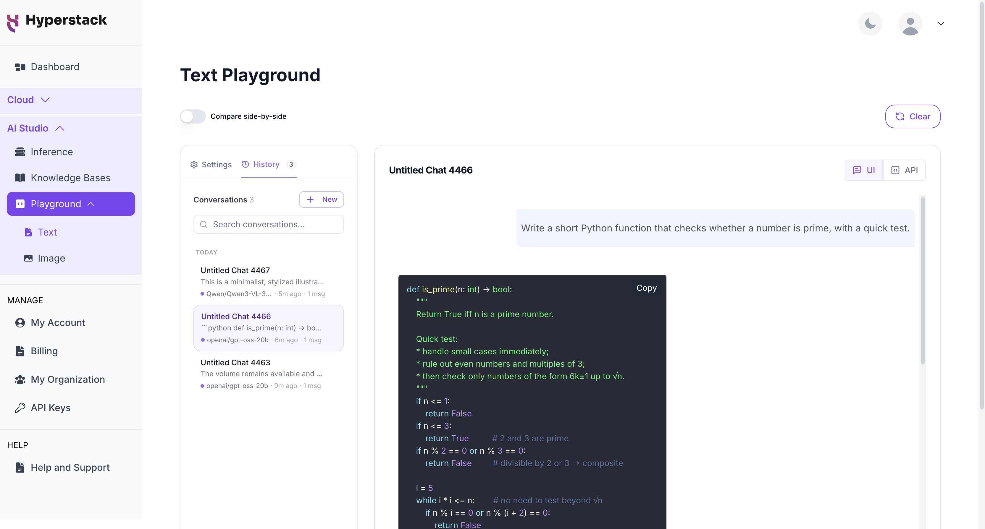 Text Playground - Conversation History
